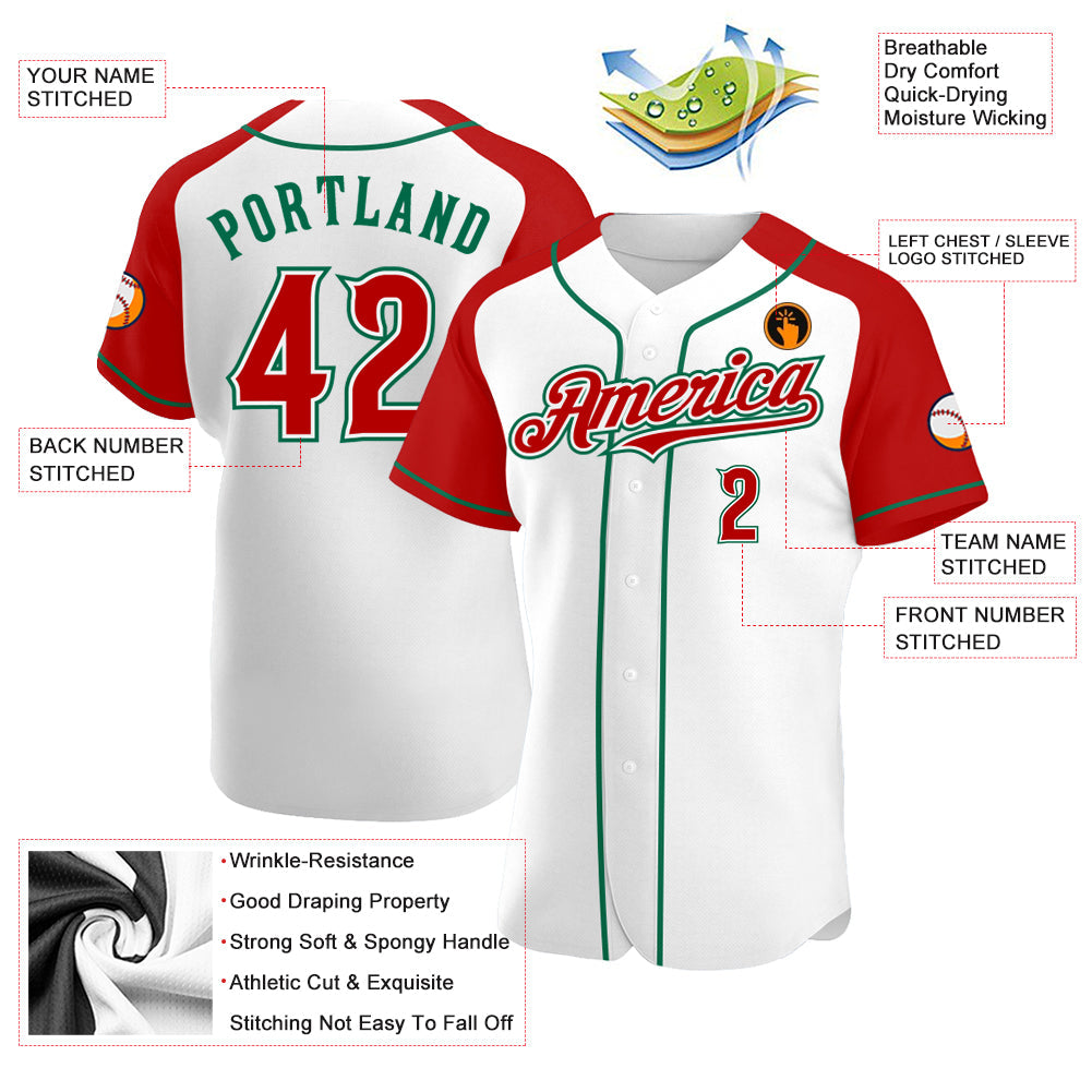 Custom White Red-Kelly Green Authentic Raglan Sleeves Baseball Jersey view 3
