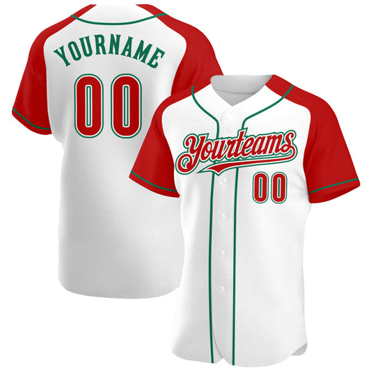 Custom White Red-Kelly Green Authentic Raglan Sleeves Baseball Jersey - Main View