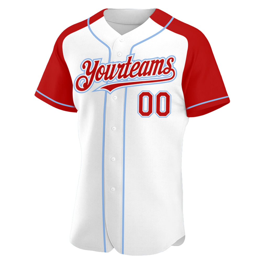 Custom White Red-Light Blue Authentic Raglan Sleeves Baseball Jersey view 2