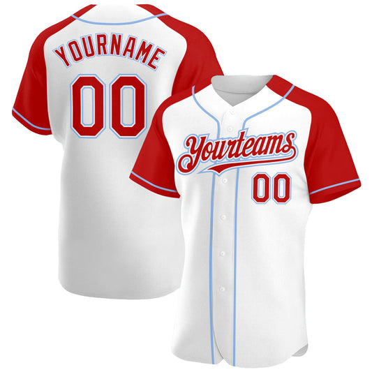 Custom White Red-Light Blue Authentic Raglan Sleeves Baseball Jersey - Main View