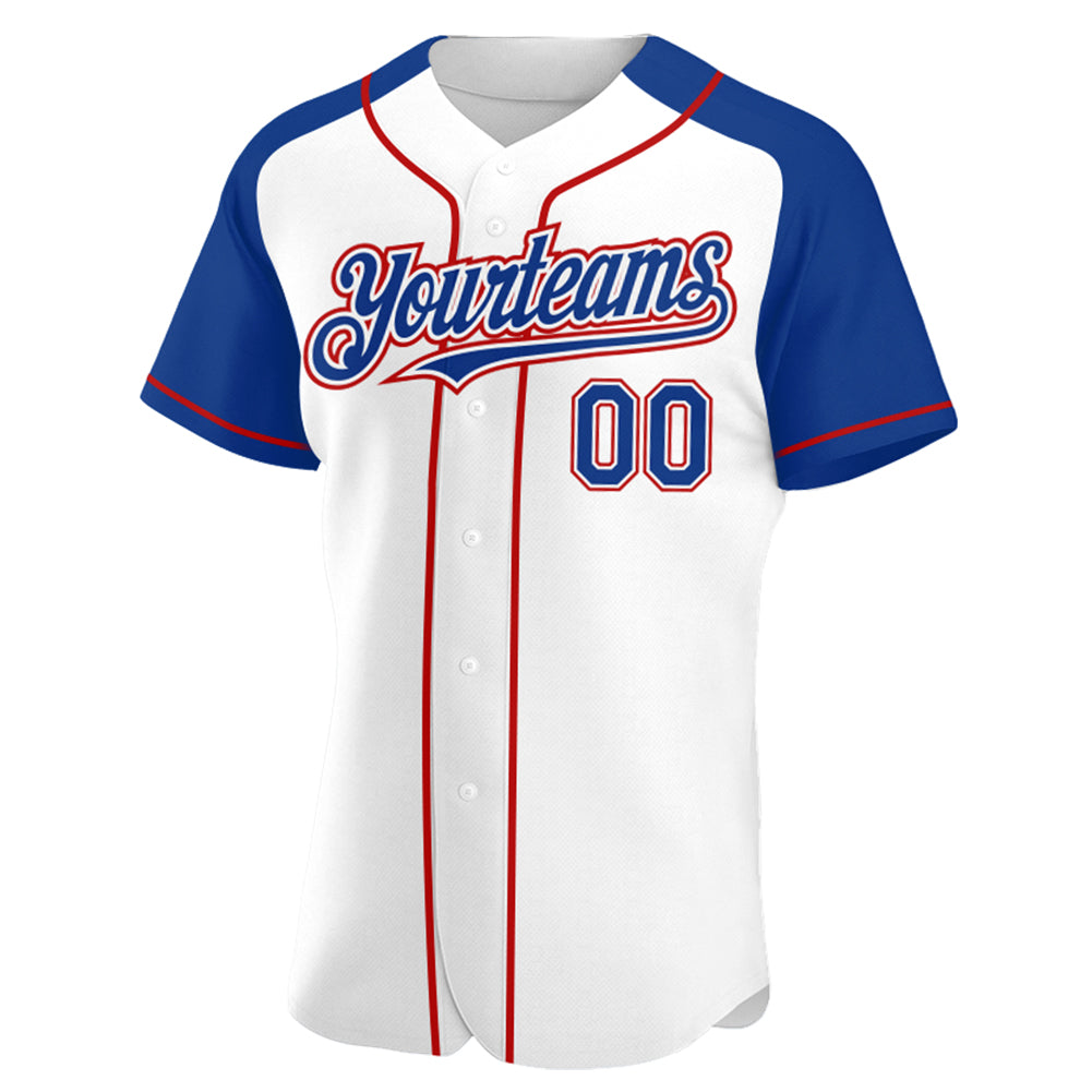 Custom White Royal-Red Authentic Raglan Sleeves Baseball Jersey view 2