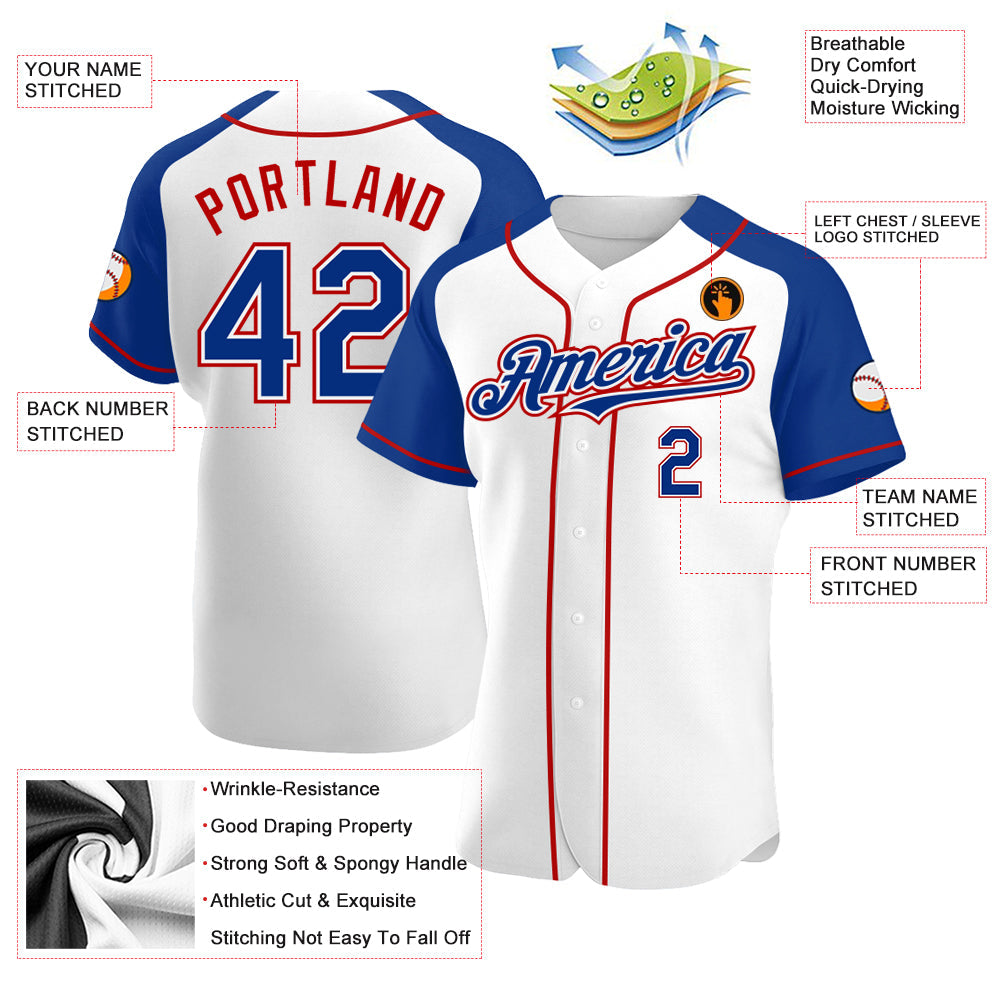 Custom White Royal-Red Authentic Raglan Sleeves Baseball Jersey view 3