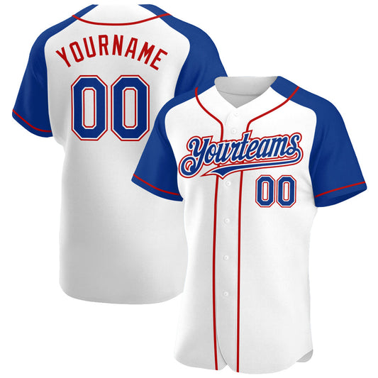Custom White Royal-Red Authentic Raglan Sleeves Baseball Jersey - Main View