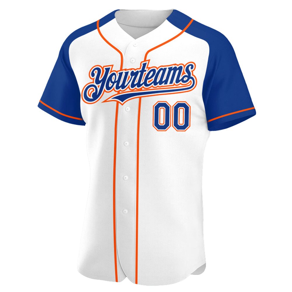 Custom White Royal-Orange Authentic Raglan Sleeves Baseball Jersey view 2