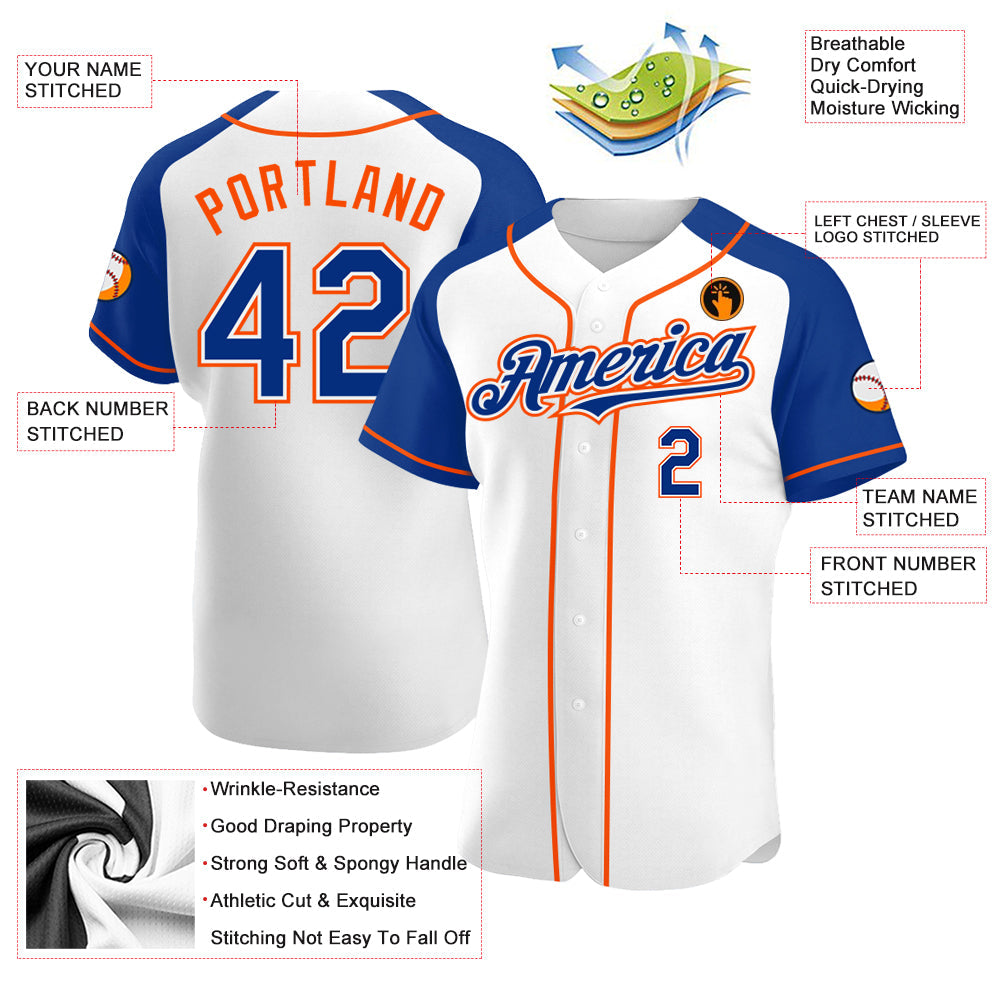 Custom White Royal-Orange Authentic Raglan Sleeves Baseball Jersey view 3