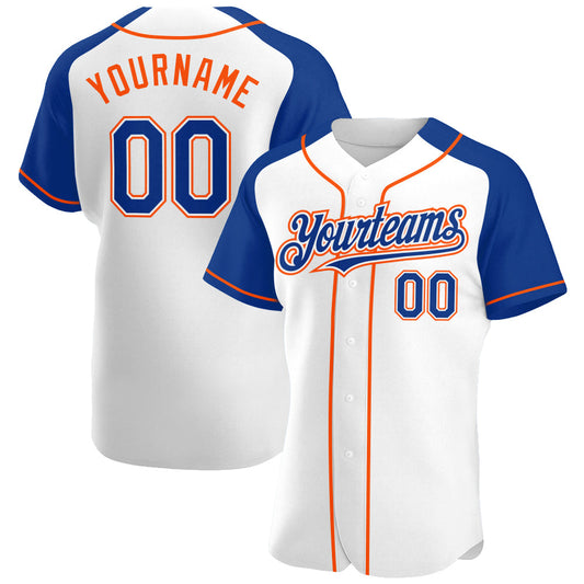 Custom White Royal-Orange Authentic Raglan Sleeves Baseball Jersey - Main View