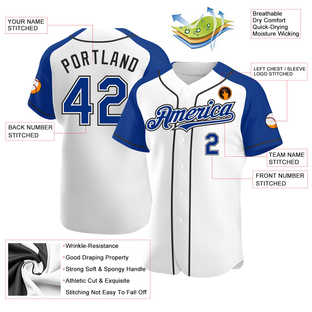 Custom White Royal-Black Authentic Raglan Sleeves Baseball Jersey view 3