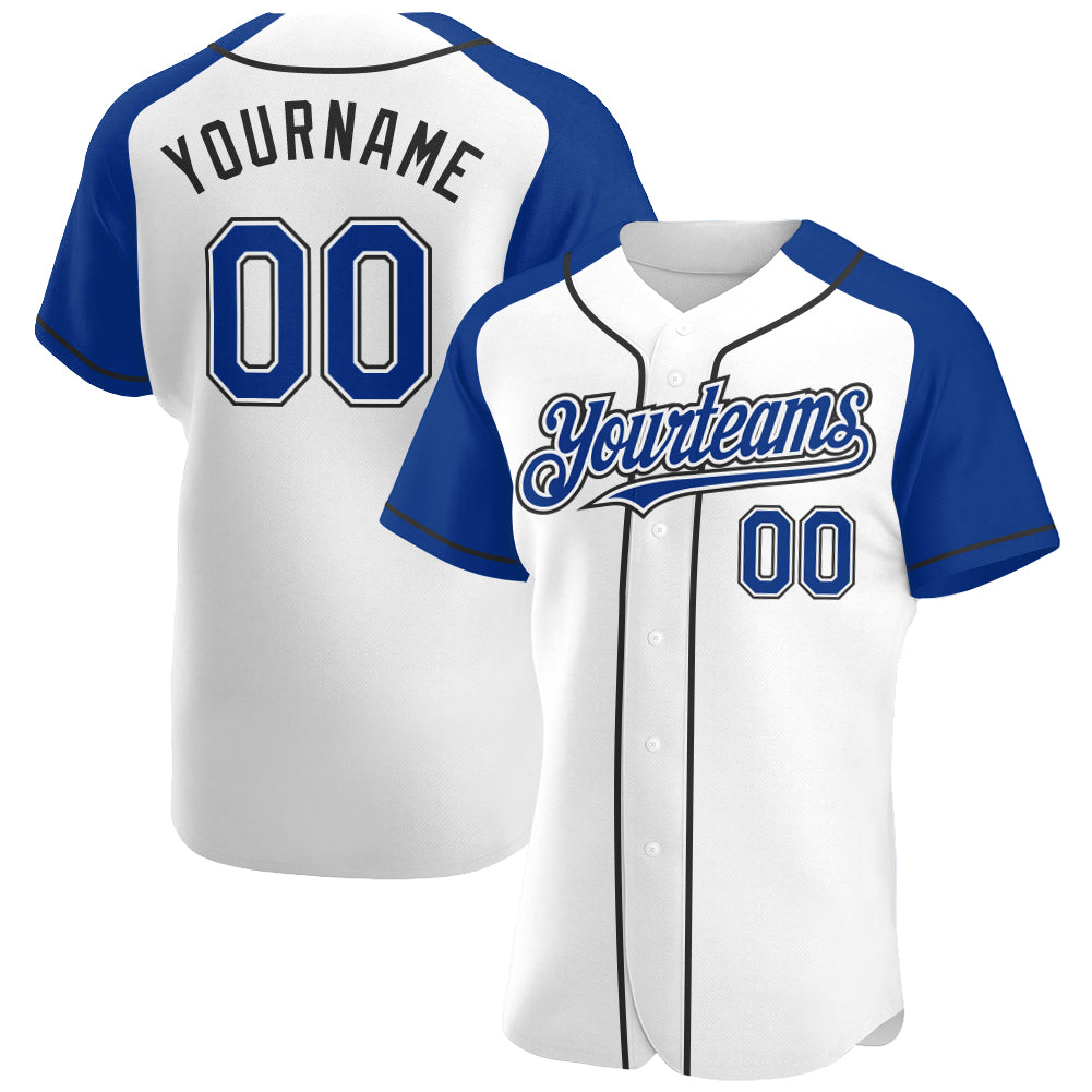 Custom White Royal-Black Authentic Raglan Sleeves Baseball Jersey - Main View