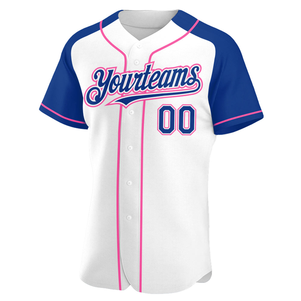 Custom White Royal-Pink Authentic Raglan Sleeves Baseball Jersey view 2