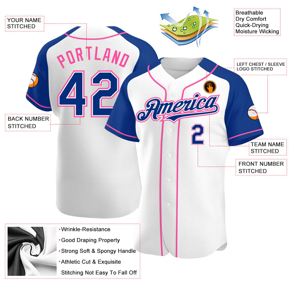 Custom White Royal-Pink Authentic Raglan Sleeves Baseball Jersey view 3