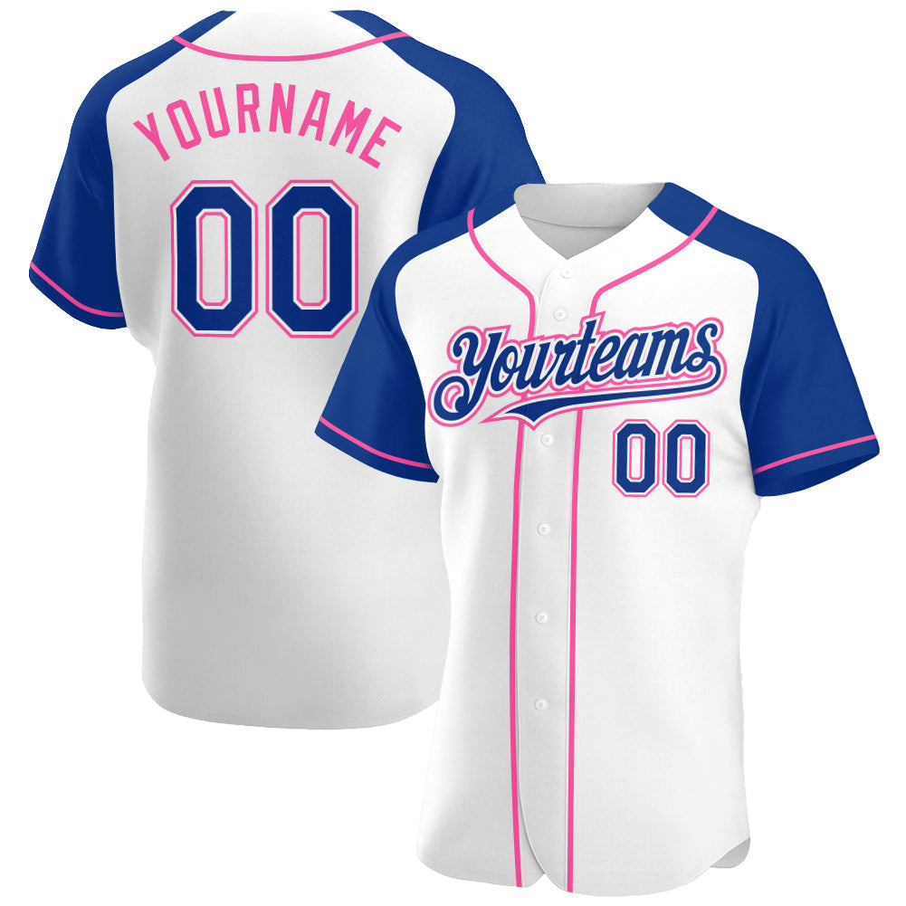 Custom White Royal-Pink Authentic Raglan Sleeves Baseball Jersey - Main View