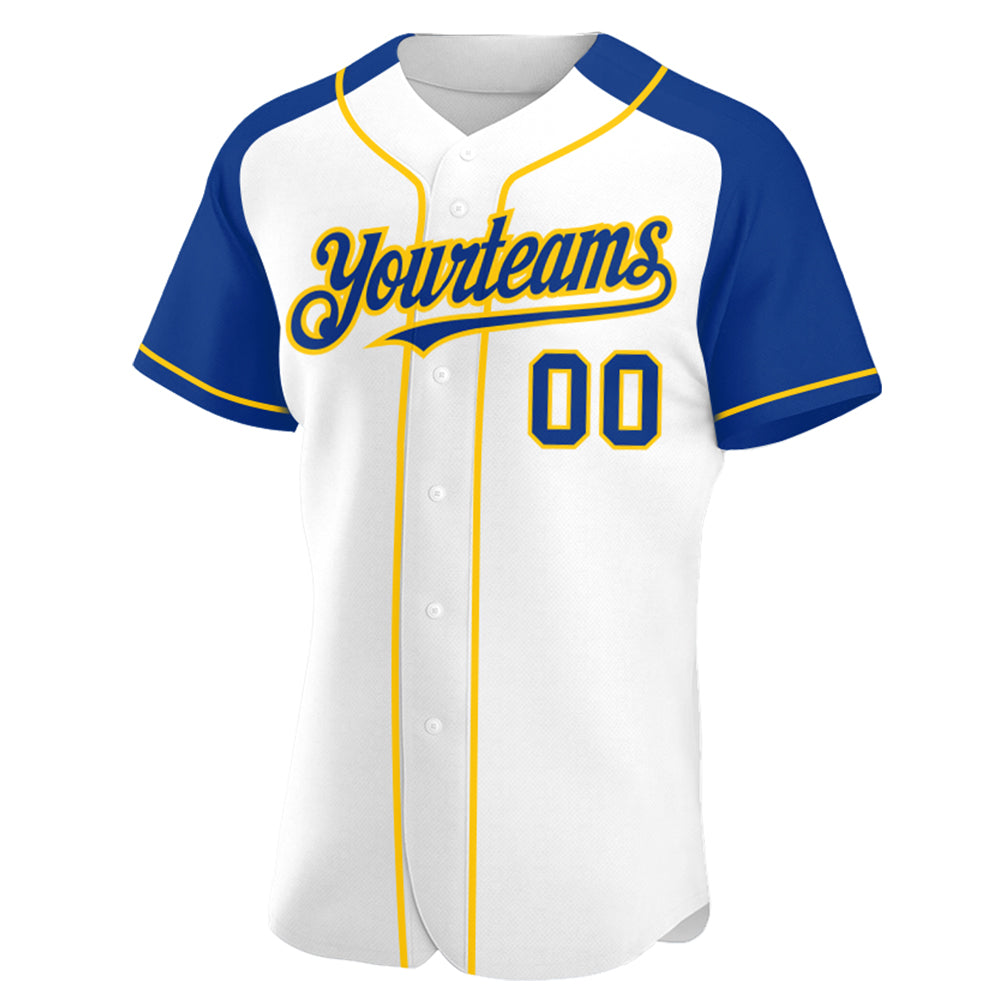 Custom White Royal-Yellow Authentic Raglan Sleeves Baseball Jersey view 2