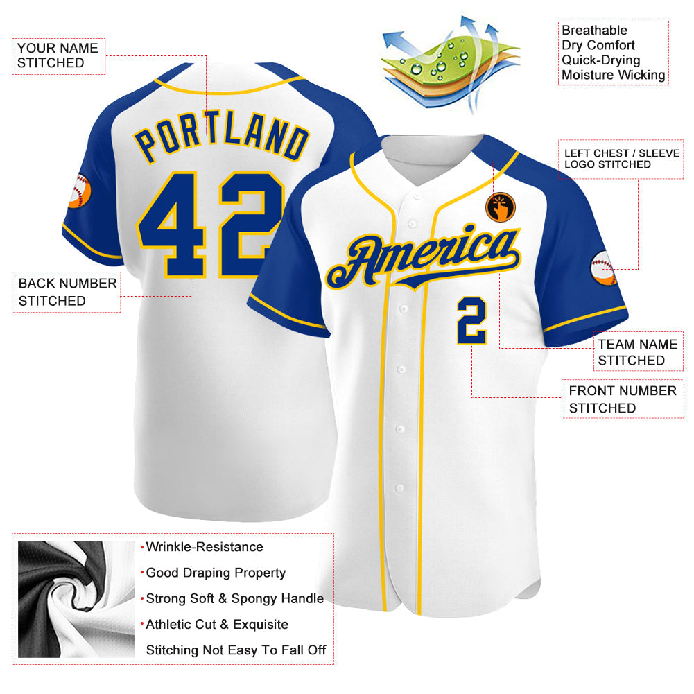Custom White Royal-Yellow Authentic Raglan Sleeves Baseball Jersey view 3