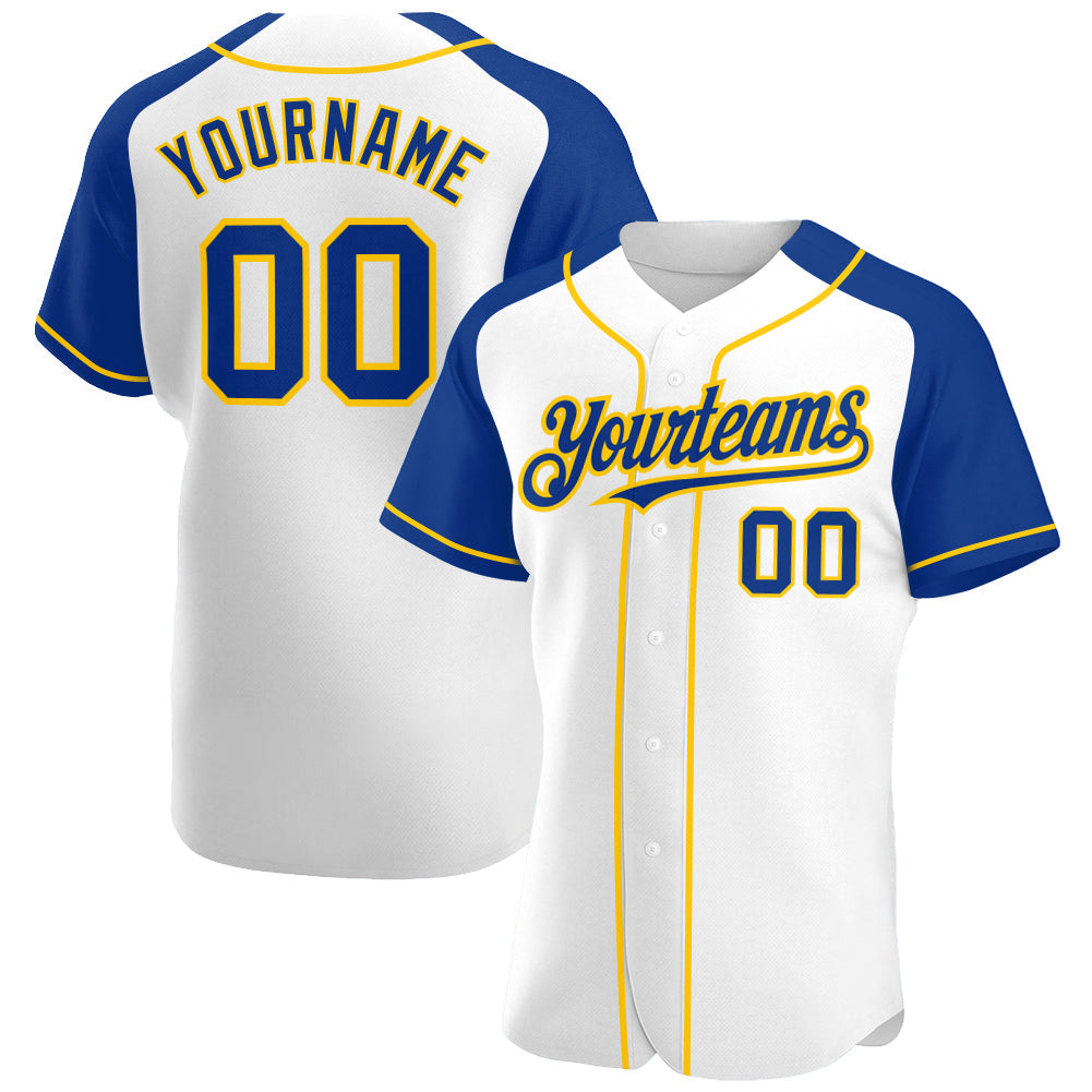 Custom White Royal-Yellow Authentic Raglan Sleeves Baseball Jersey - Main View