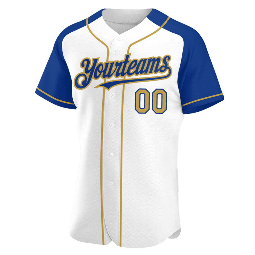 Custom White Old Gold-Royal Authentic Raglan Sleeves Baseball Jersey view 2