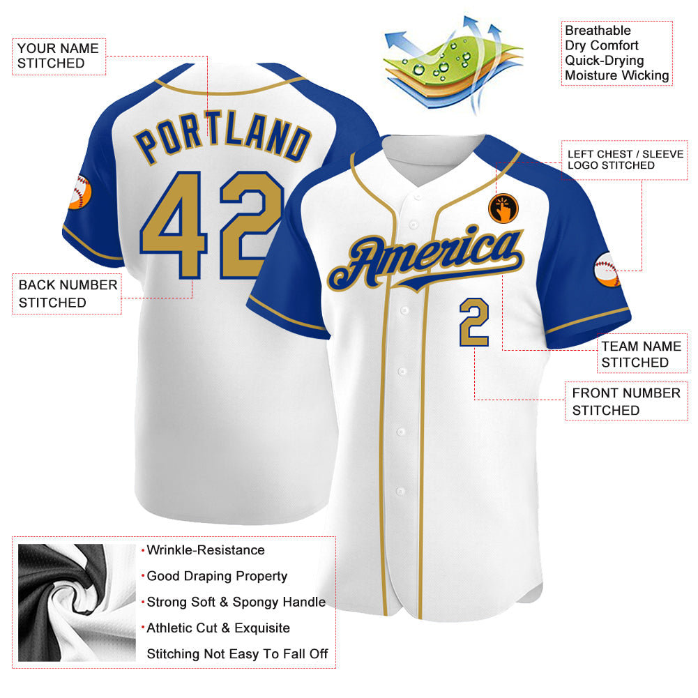 Custom White Old Gold-Royal Authentic Raglan Sleeves Baseball Jersey view 3