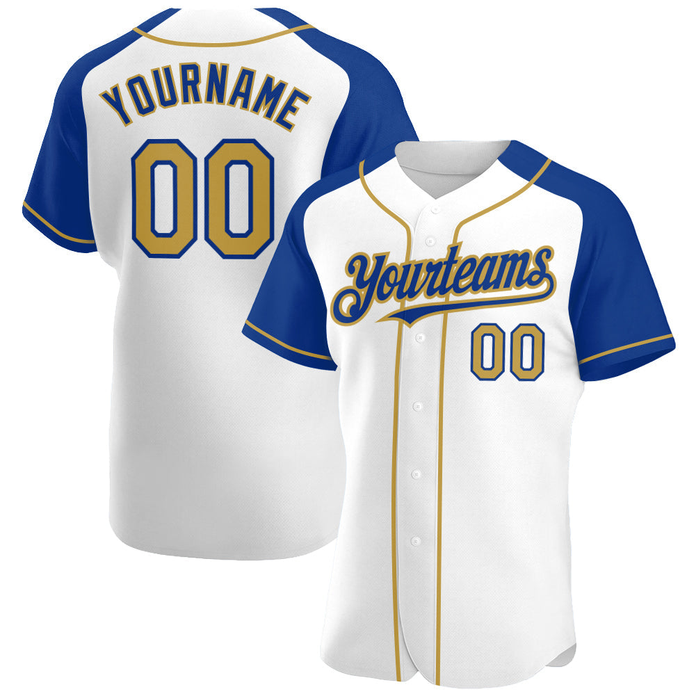 Custom White Old Gold-Royal Authentic Raglan Sleeves Baseball Jersey - Main View