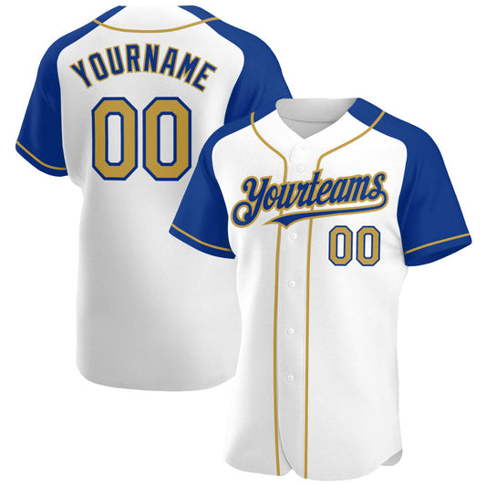 Custom White Old Gold-Royal Authentic Raglan Sleeves Baseball Jersey - Main View