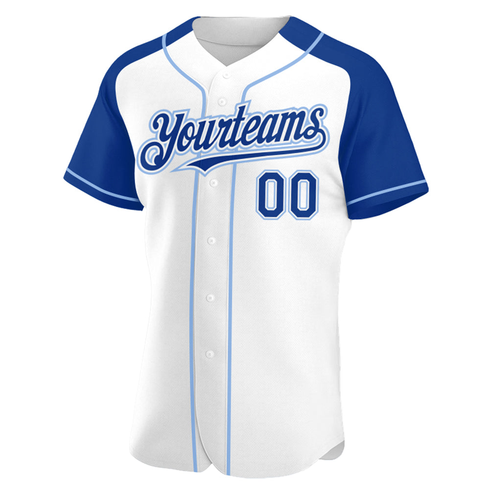 Custom White Royal-Light Blue Authentic Raglan Sleeves Baseball Jersey view 2