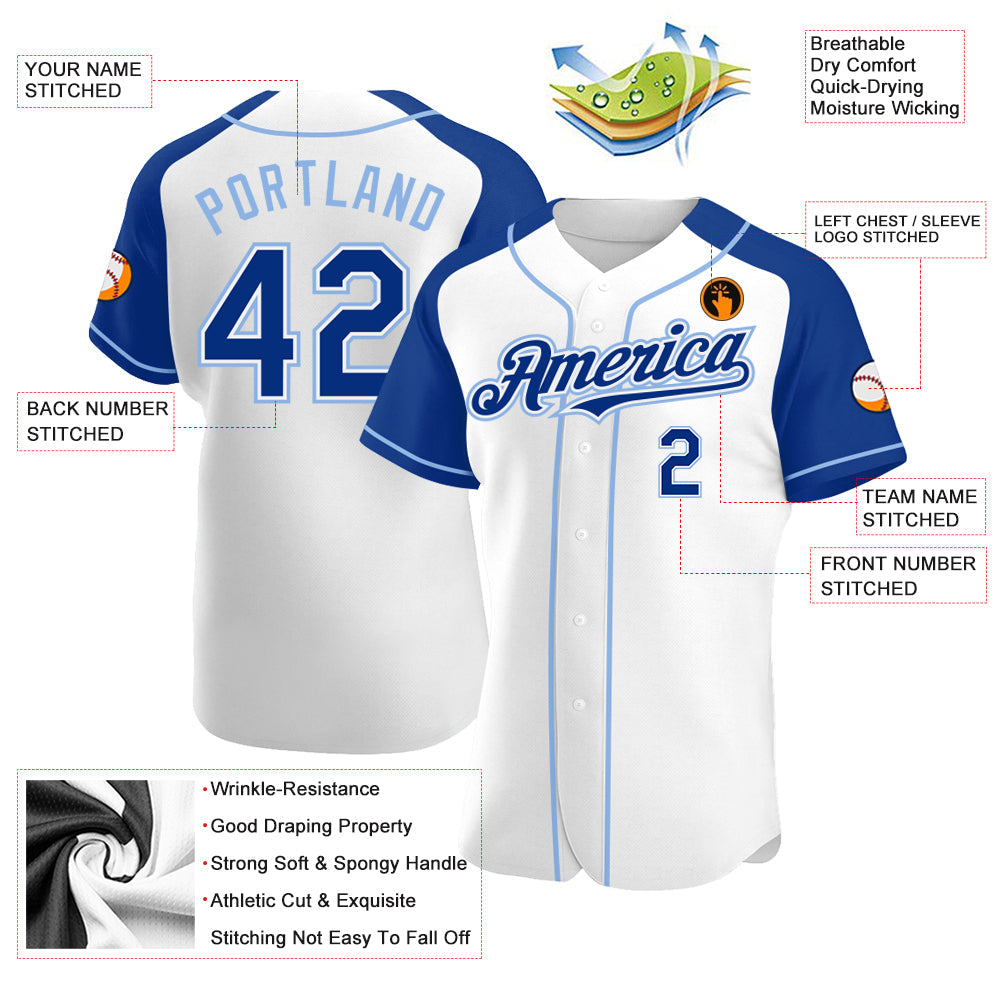 Custom White Royal-Light Blue Authentic Raglan Sleeves Baseball Jersey view 3
