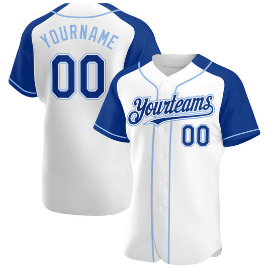 Custom White Royal-Light Blue Authentic Raglan Sleeves Baseball Jersey - Main View