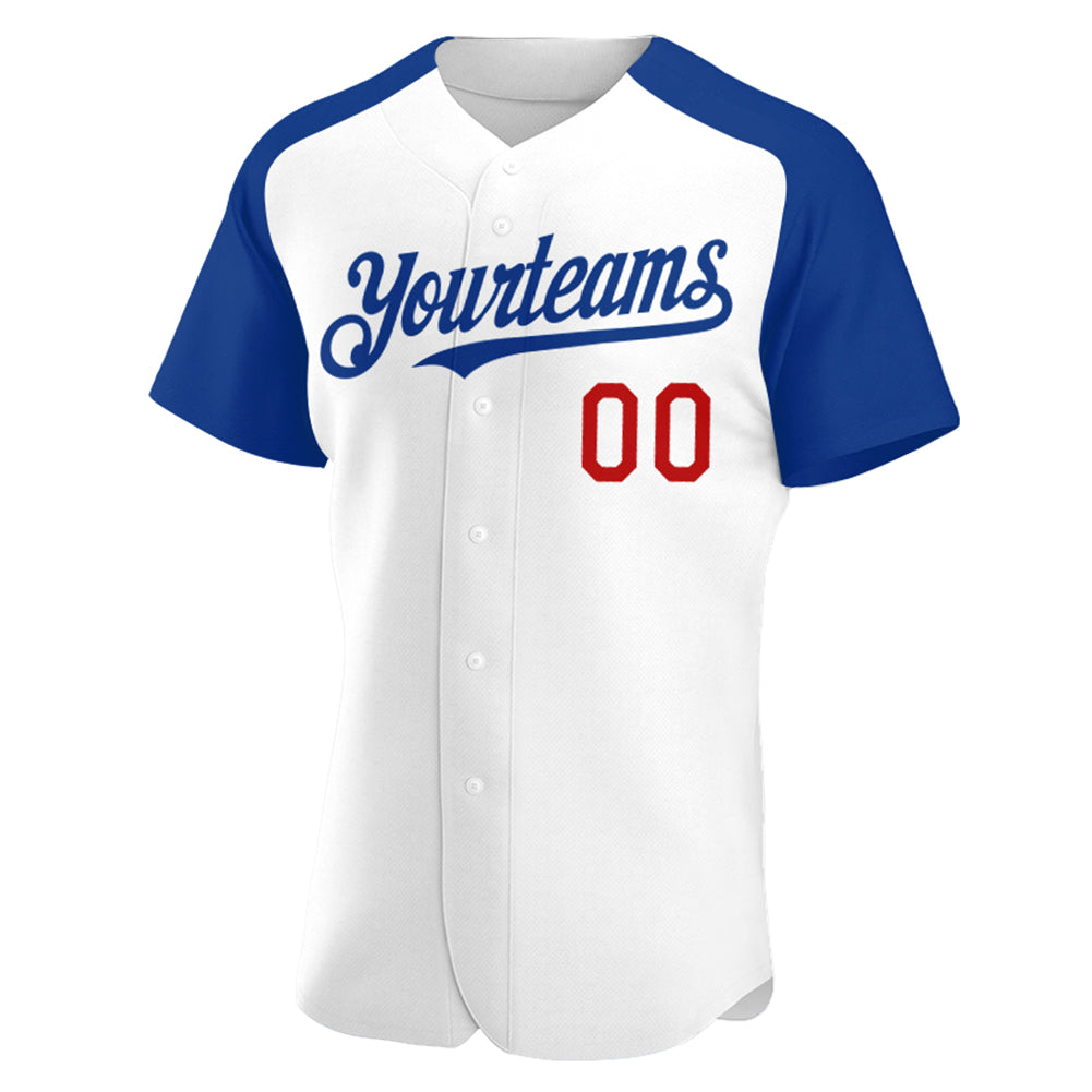 Custom White Royal-Red Authentic Raglan Sleeves Baseball Jersey view 2