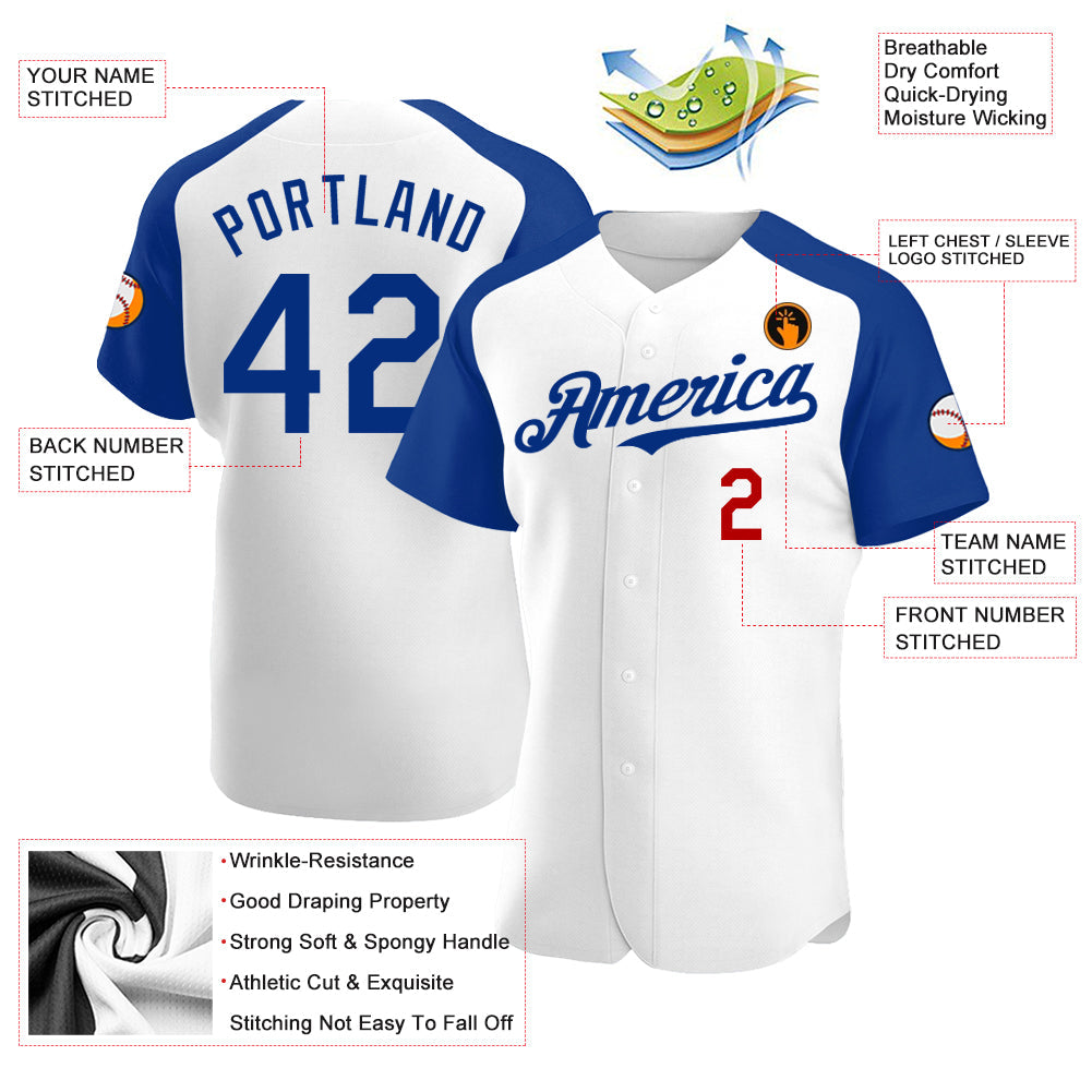 Custom White Royal-Red Authentic Raglan Sleeves Baseball Jersey view 3