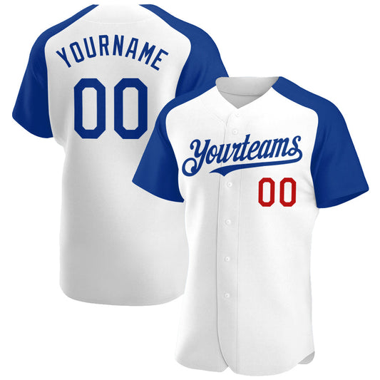 Custom White Royal-Red Authentic Raglan Sleeves Baseball Jersey - Main View