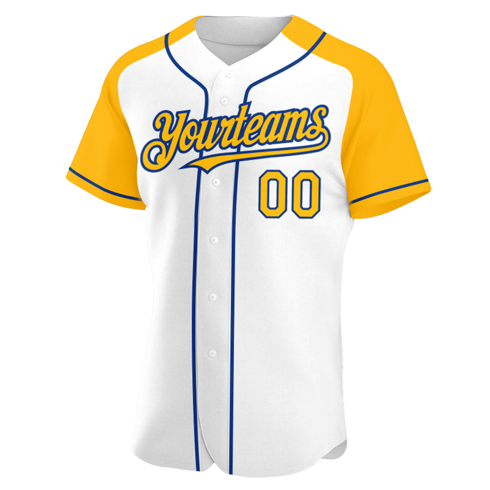 Custom White Gold-Royal Authentic Raglan Sleeves Baseball Jersey view 2