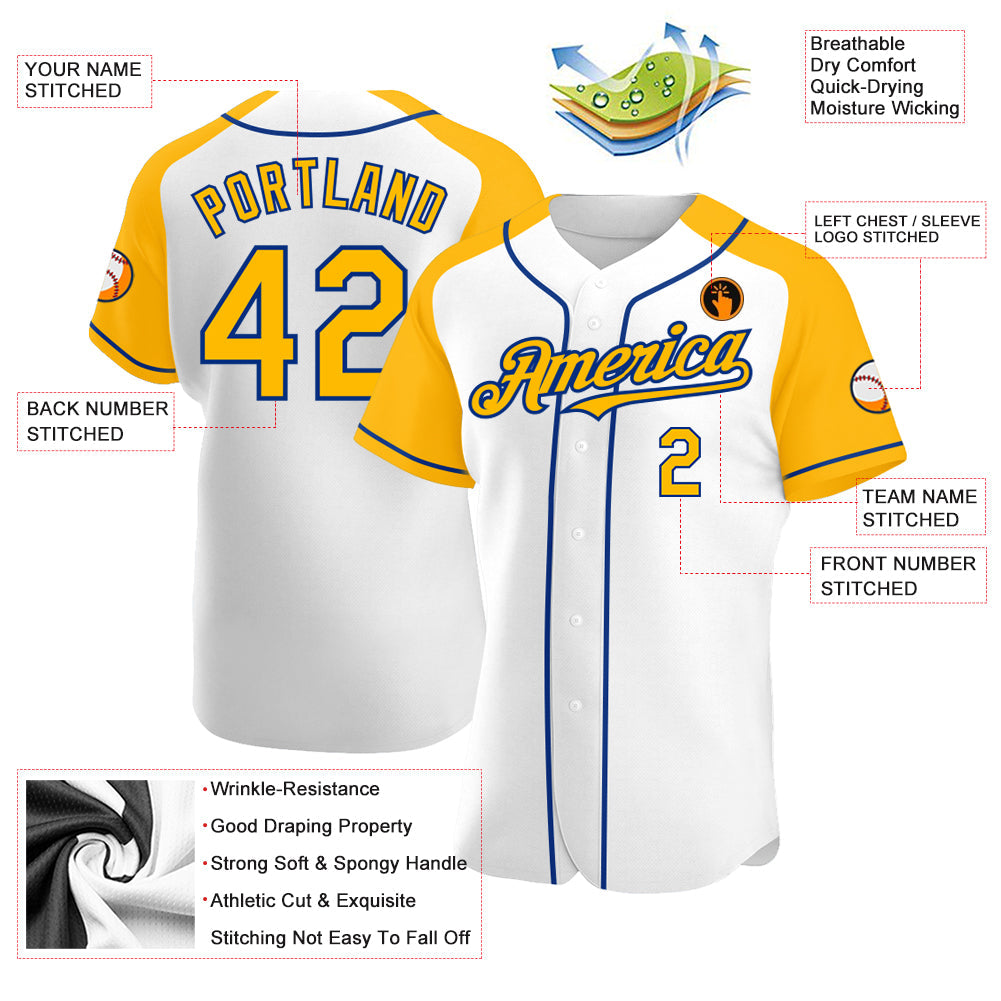 Custom White Gold-Royal Authentic Raglan Sleeves Baseball Jersey view 3