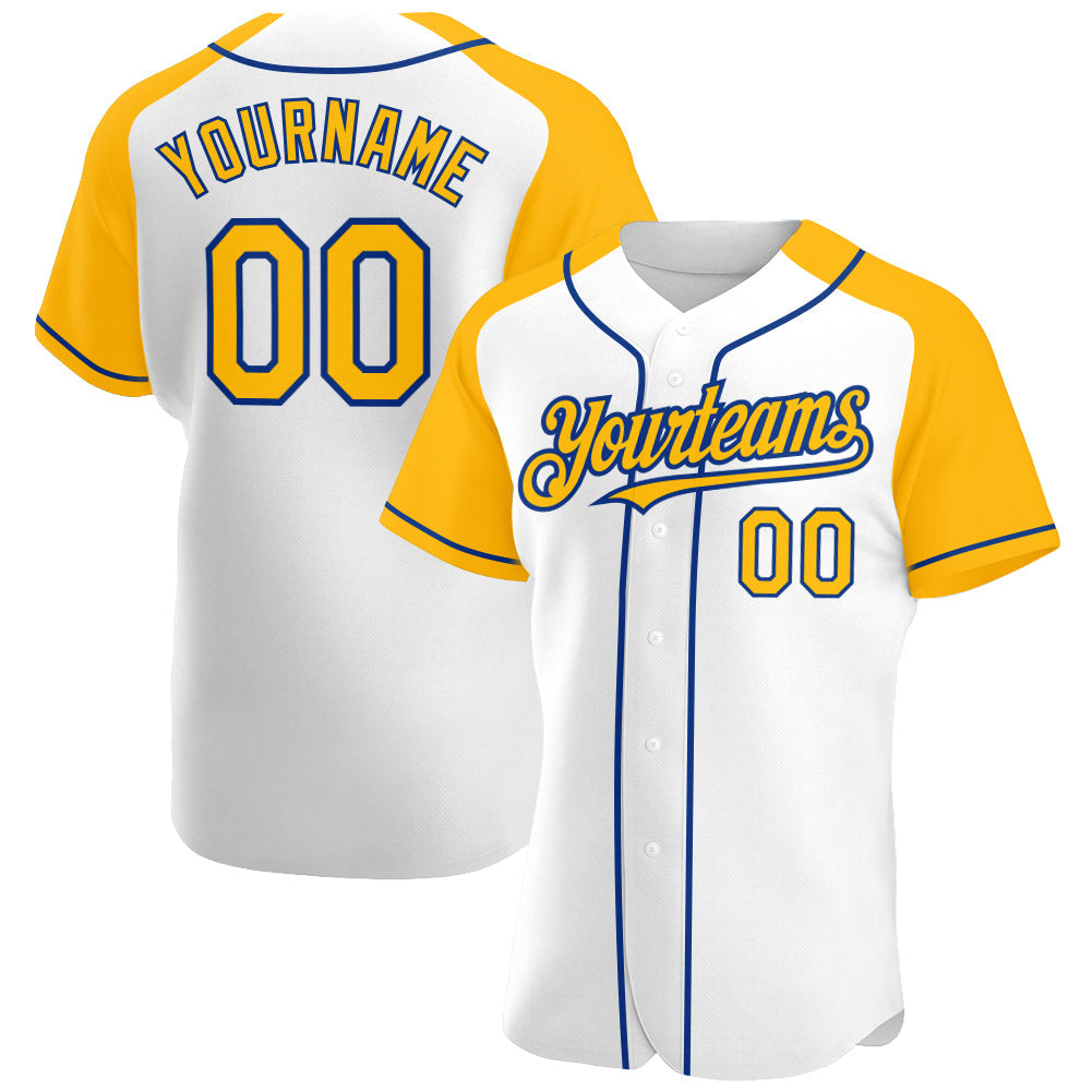 Custom White Gold-Royal Authentic Raglan Sleeves Baseball Jersey - Main View