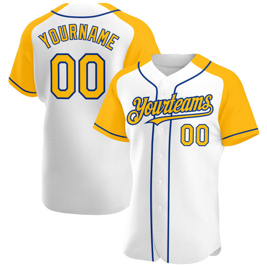 Custom White Gold-Royal Authentic Raglan Sleeves Baseball Jersey - Main View
