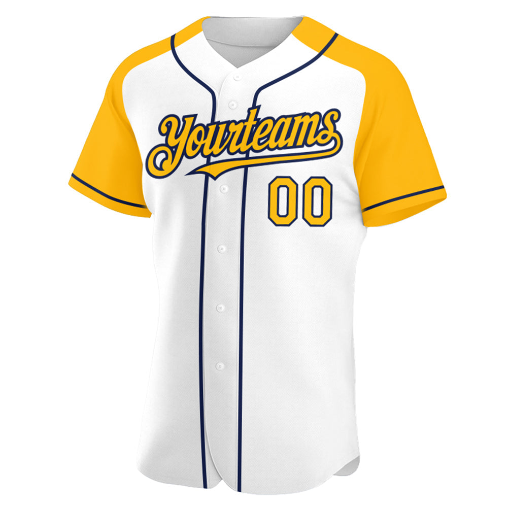 Custom White Gold-Navy Authentic Raglan Sleeves Baseball Jersey view 2