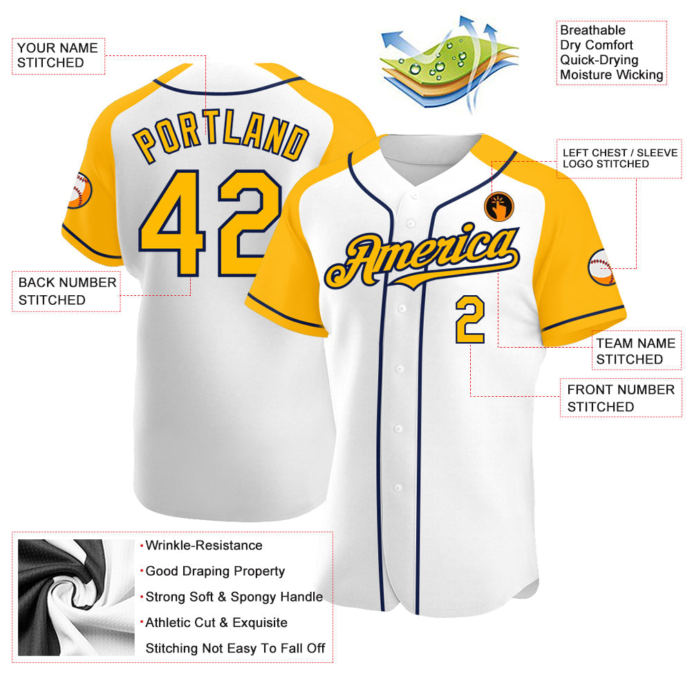 Custom White Gold-Navy Authentic Raglan Sleeves Baseball Jersey view 3