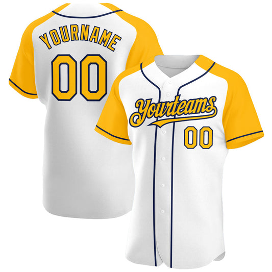 Custom White Gold-Navy Authentic Raglan Sleeves Baseball Jersey - Main View