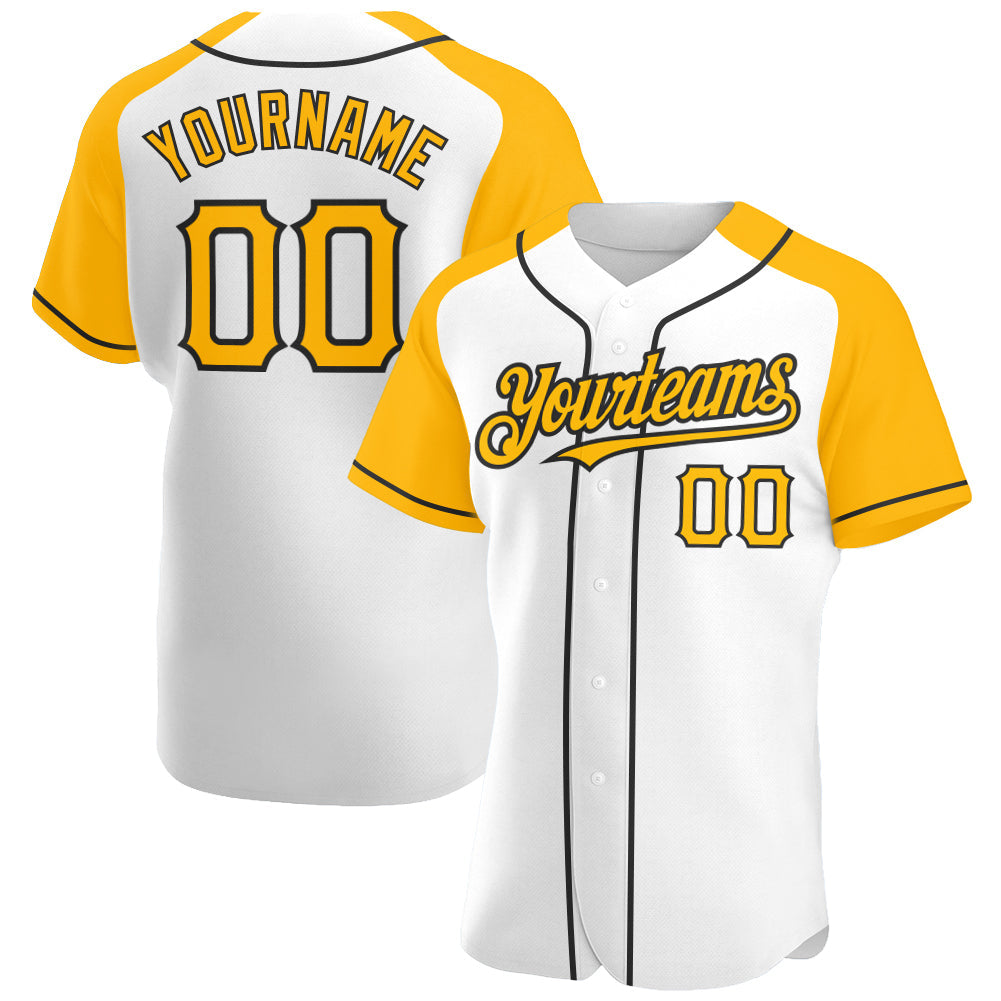 Custom White Gold-Black Authentic Raglan Sleeves Baseball Jersey - Main View