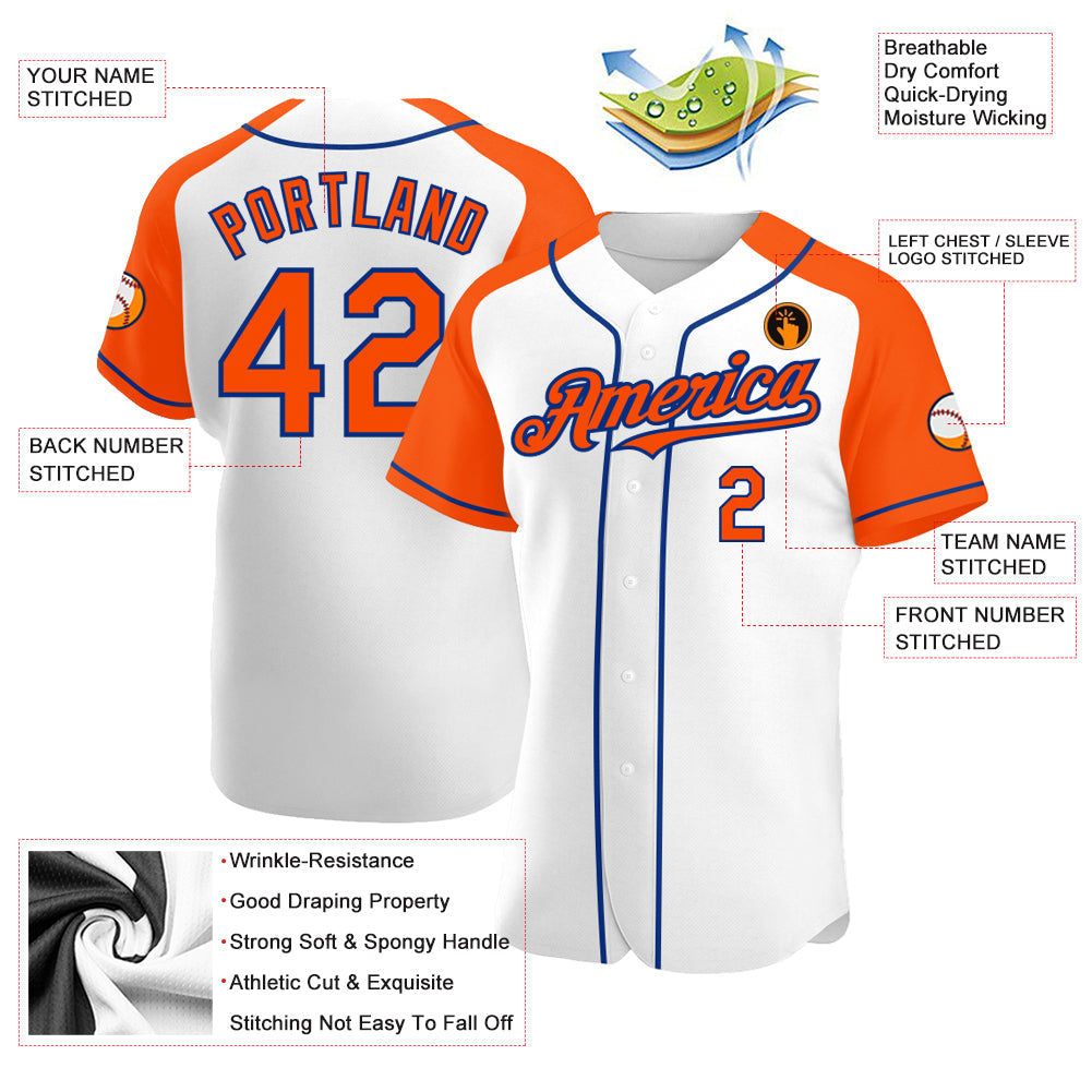Custom White Orange-Royal Authentic Raglan Sleeves Baseball Jersey view 3