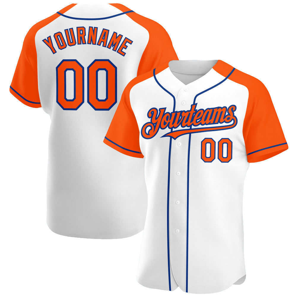 Custom White Orange-Royal Authentic Raglan Sleeves Baseball Jersey - Main View