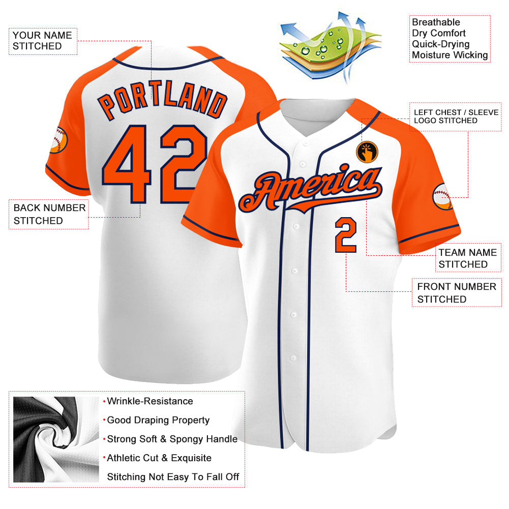 Custom White Orange-Navy Authentic Raglan Sleeves Baseball Jersey view 3