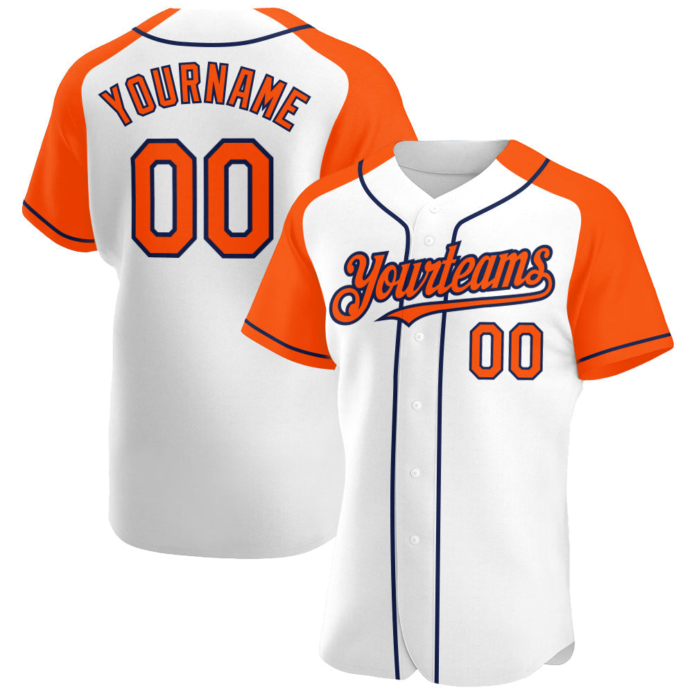 Custom White Orange-Navy Authentic Raglan Sleeves Baseball Jersey - Main View