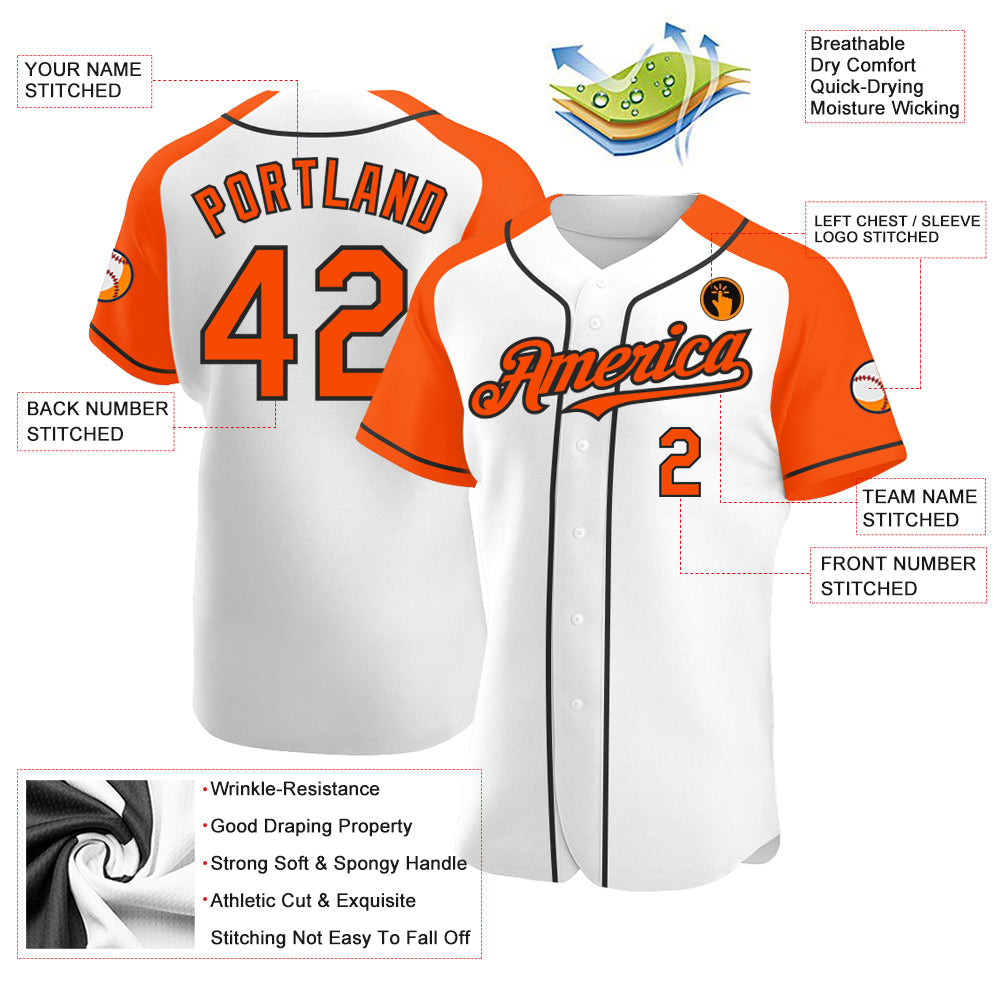Custom White Orange-Black Authentic Raglan Sleeves Baseball Jersey view 3