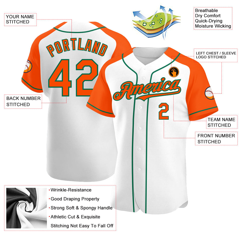 Custom White Orange-Kelly Green Authentic Raglan Sleeves Baseball Jersey view 3