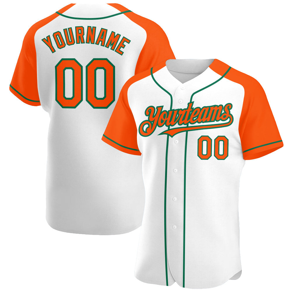 Custom White Orange-Kelly Green Authentic Raglan Sleeves Baseball Jersey - Main View
