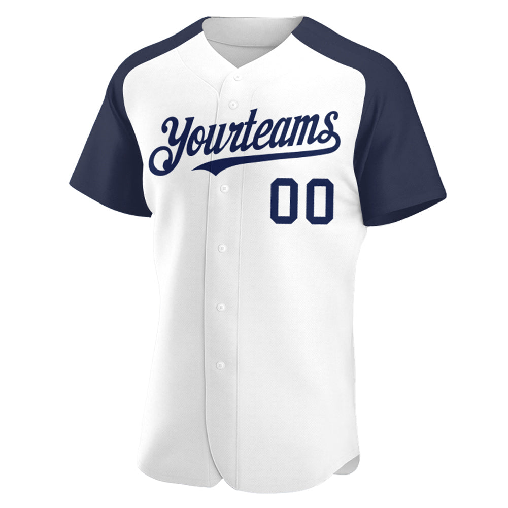 Custom White Navy Authentic Raglan Sleeves Baseball Jersey view 2