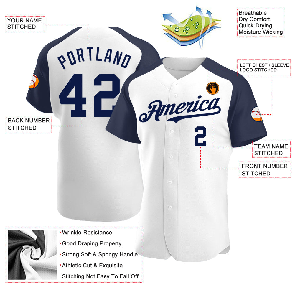 Custom White Navy Authentic Raglan Sleeves Baseball Jersey view 3