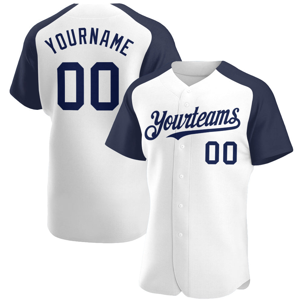 Custom White Navy Authentic Raglan Sleeves Baseball Jersey - Main View