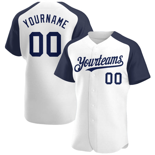 Custom White Navy Authentic Raglan Sleeves Baseball Jersey - Main View