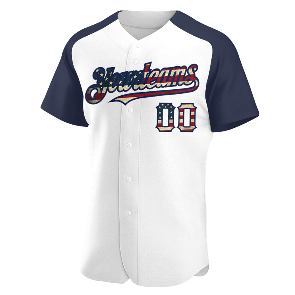 Custom White Vintage USA Flag-Navy Authentic Raglan Sleeves Baseball Jersey view 2