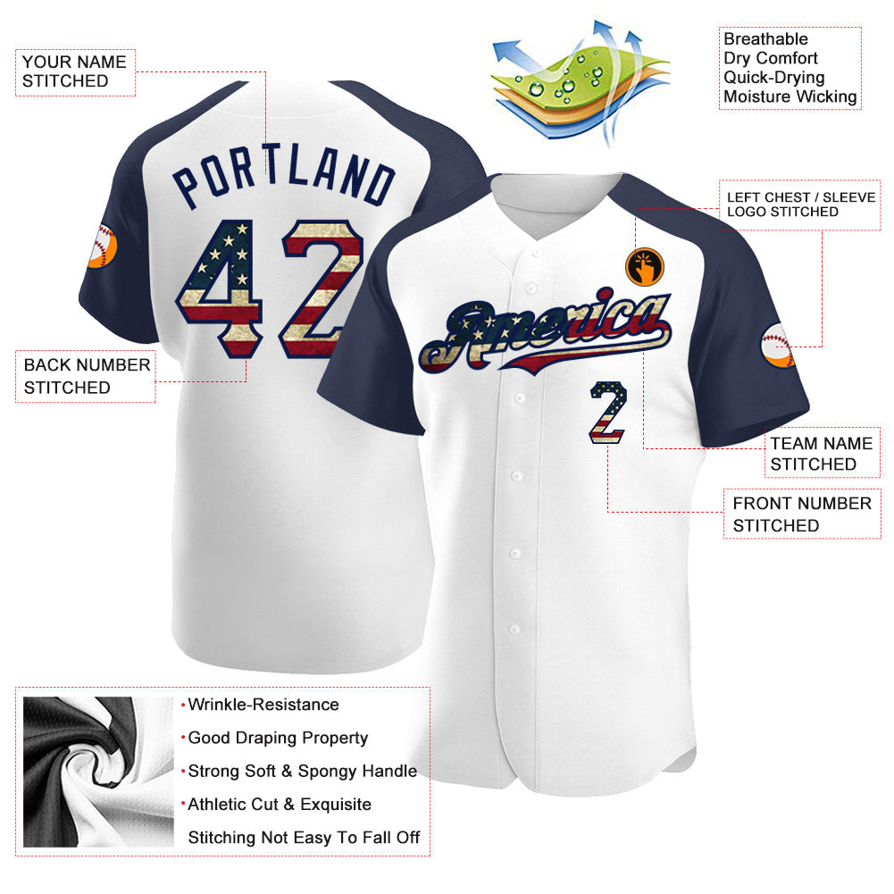 Custom White Vintage USA Flag-Navy Authentic Raglan Sleeves Baseball Jersey view 3