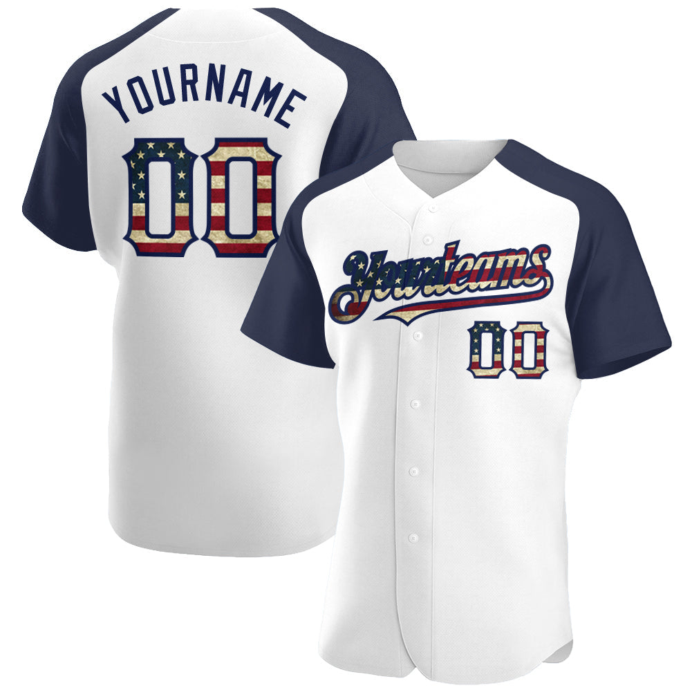 Custom White Vintage USA Flag-Navy Authentic Raglan Sleeves Baseball Jersey - Main View